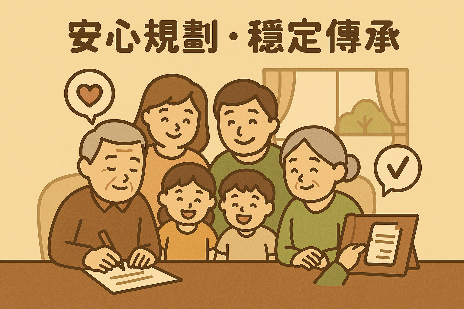 家庭團聚、長者安心對話、契約簽署象徵「安心規劃」與「穩定傳承」