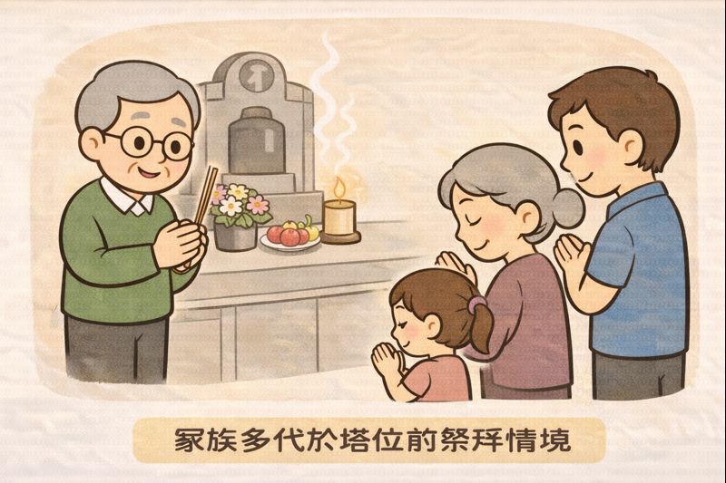 家族多代於塔位前祭拜情境