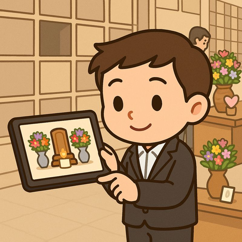 操作平板觀看電子祭拜畫面，背景有塔位與花禮代辦場景