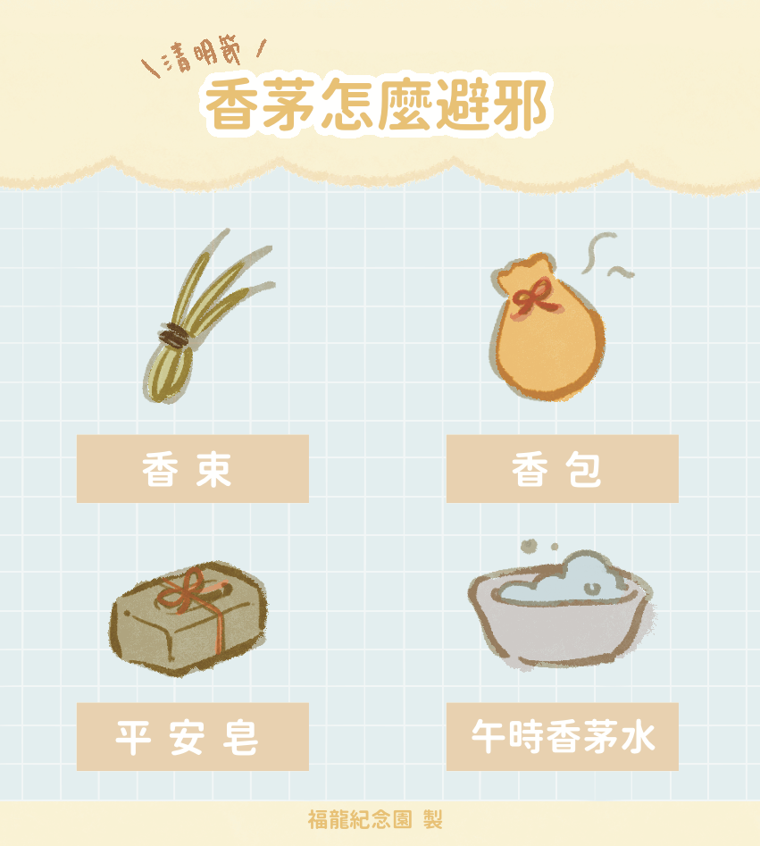 香茅不僅用於清明節、端午節香束，也會與艾草、雄黃等中藥材製成香包或香囊，能讓人配戴在身上做為避邪驅蟲之用途
