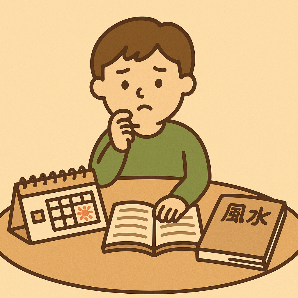 翻閱日曆與風水書籍,比較吉日與選位資料