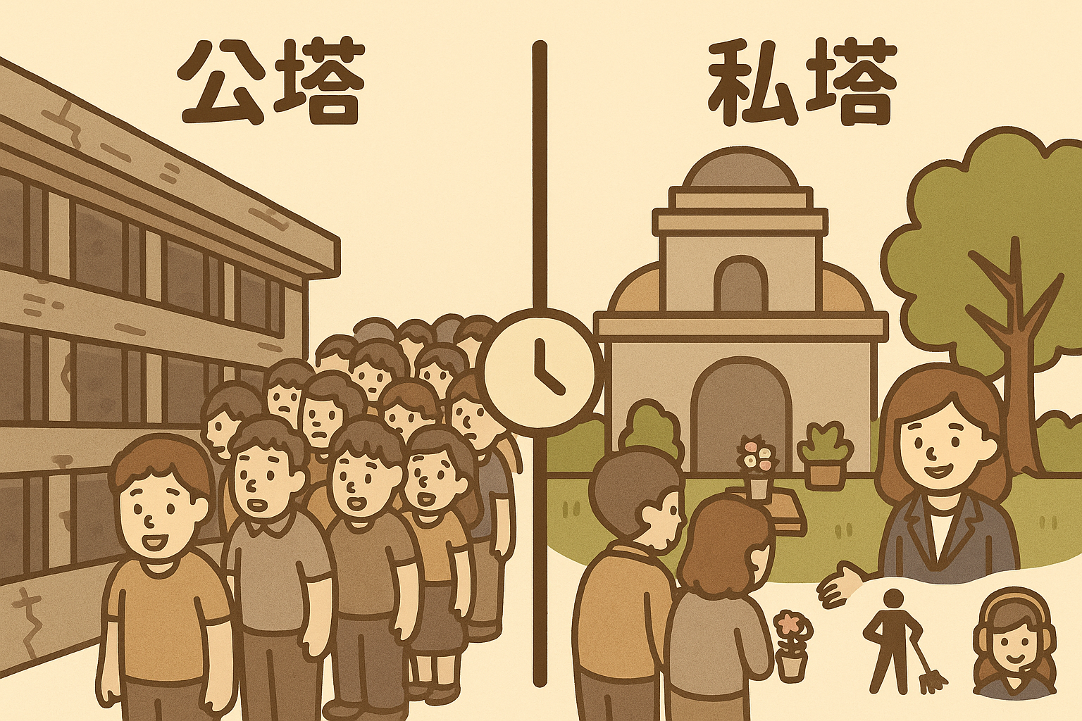 公塔 vs 私塔 左右對比圖（左：人潮、老舊；右：綠化、寧靜、有接待）
